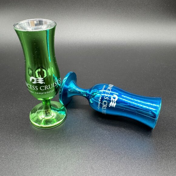 Vintage Footed Shot Glasses Princess Cruise Line Green and Blue Metallic - Picture 2 of 5